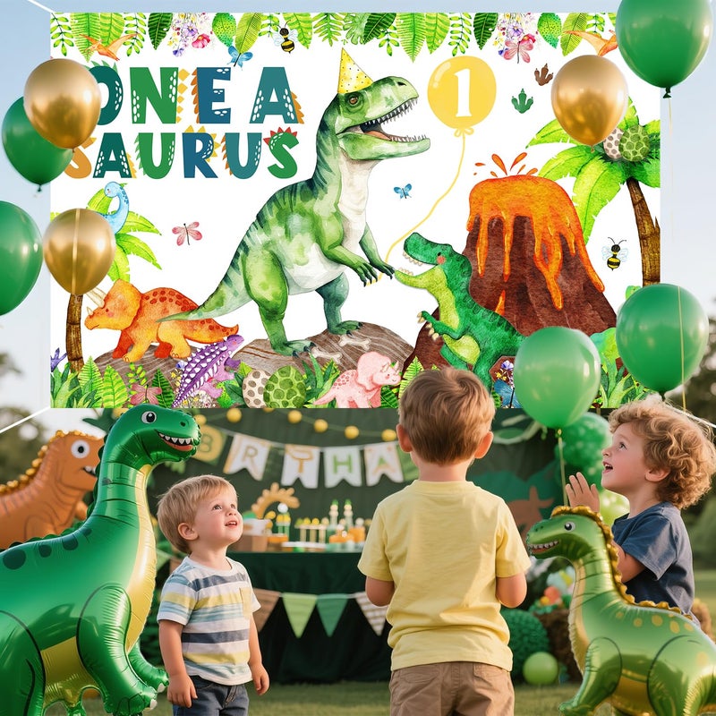 BIGKEOKI One a Saurus Birthday Decorations Dinosaur 1st Bday Party Backdrop Banner Jungle Leaves T-rex Dino Bday Photography Background Dino First Bday Party Supplies (Green Dino 1st) - Image 3